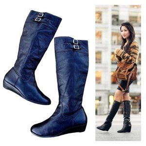 Arturo Chiang Womens 6 Riding Boots Black Leather Wedge Tall